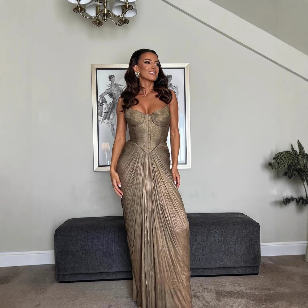 TWOTWINSTYLE Gold Pleated Tunic Fish Bone Dresses for Women Square Collar Sleeveless Casual Party Split Evening Dress Female New