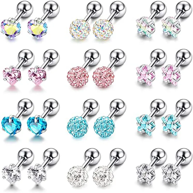 1-12 Pairs Shiny Zirconia Cartilage Stud Earring Tragus Helix Piercing Barbell Star Heart Ball Cartilage Earrings Set for Women