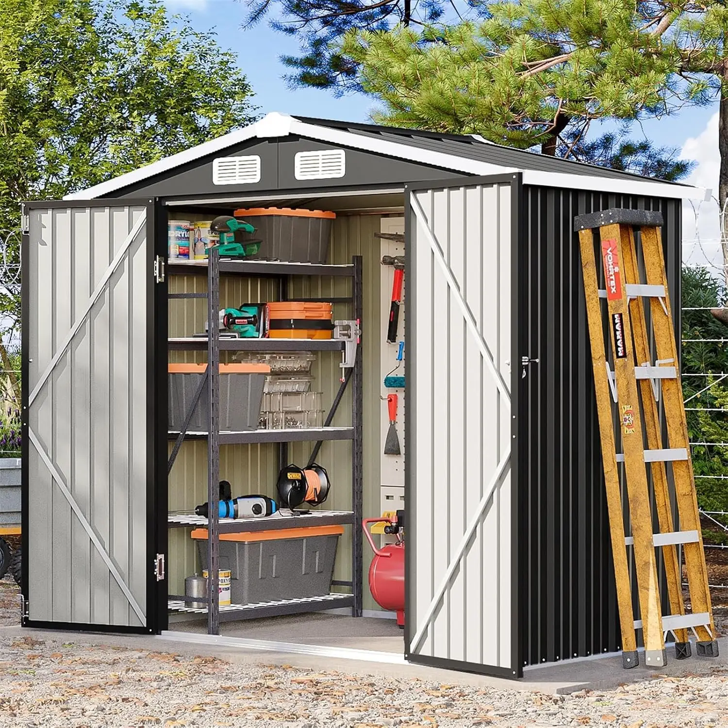 6x4FT Outdoor Storage Shed Black Metal Garden Tool Shed Sloping Roof Lockable Door Garden Patio Backyard