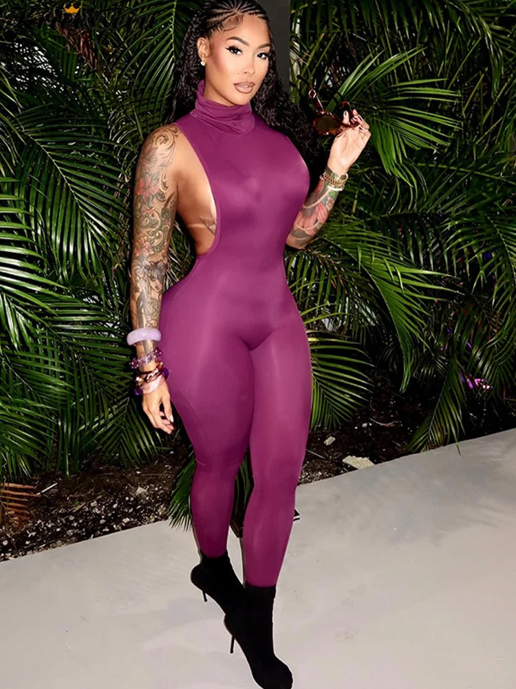 

Kricesseen Sexy High Neck Sleeveless Jumpsuit For Women Backless Skinny One Piece Bodycon Romper Clubwear Overalls Streetwear