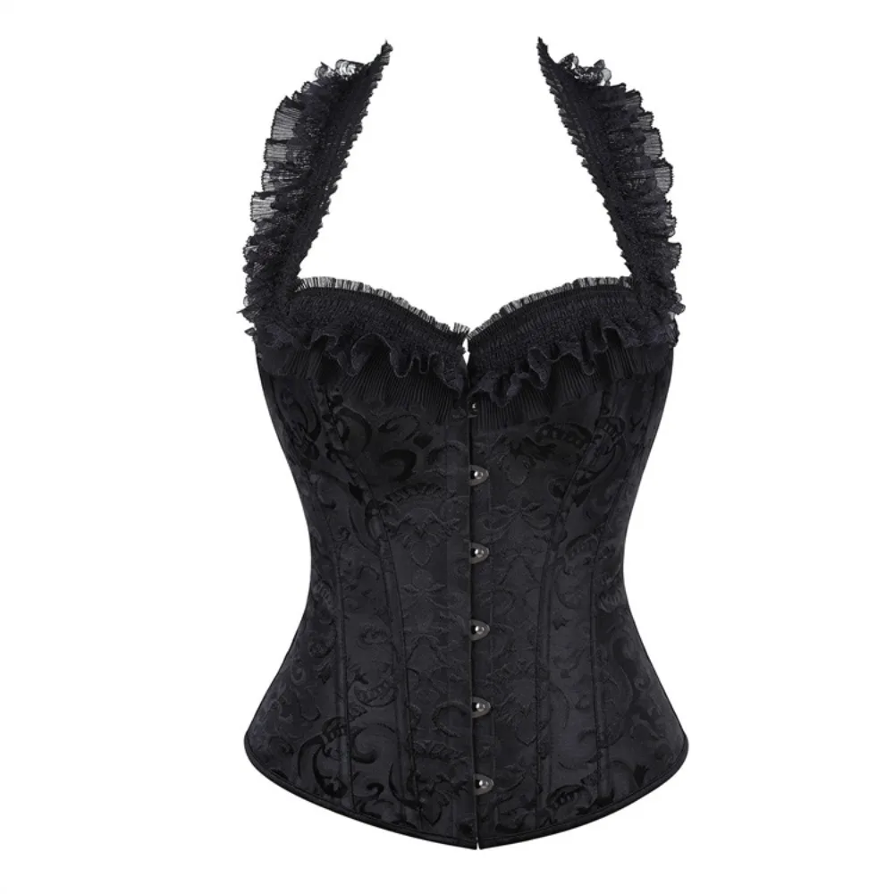 

Corselet Bordado Women Black Jacquard Halter Corset Top Sweetheart Lace Ruffle Front Hook Waist Cincher Gothic Vintage Bustier