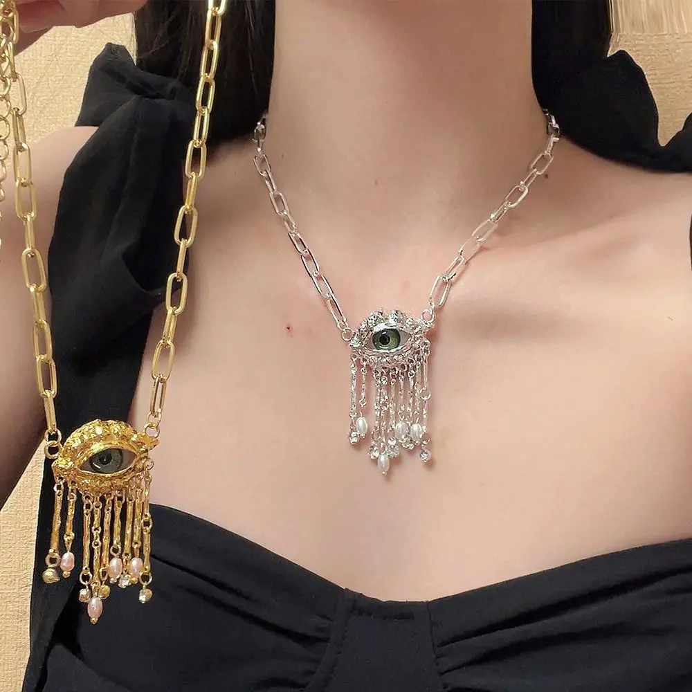 Collar Vintage de ojos de demonio con borlas, collar de ojo de diablo con perlas de imitación, collar con colgante exagerado a la moda para mujer y niña