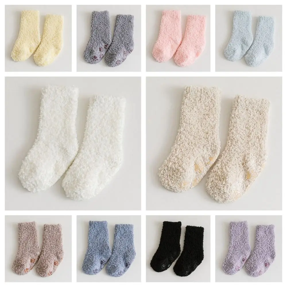 Solid Color Coral Fleece Baby Socks Korean Style Cat Paw Infant Learning Walk Socks Baby Hosiery Thickening Home Sleep Socks