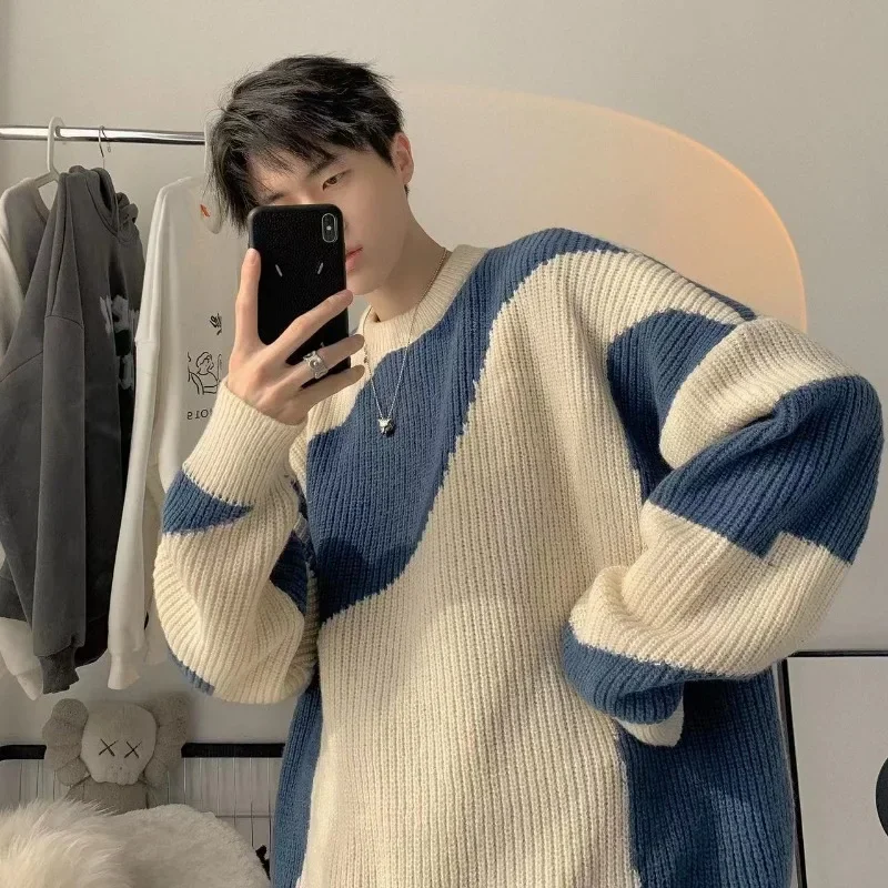 Autumn O-Neck Knit Sweater for Men Cow Patchwork Pullover Men Loose Casual Harajuku 2023 Korean Fashion Mens Oversized Sweater