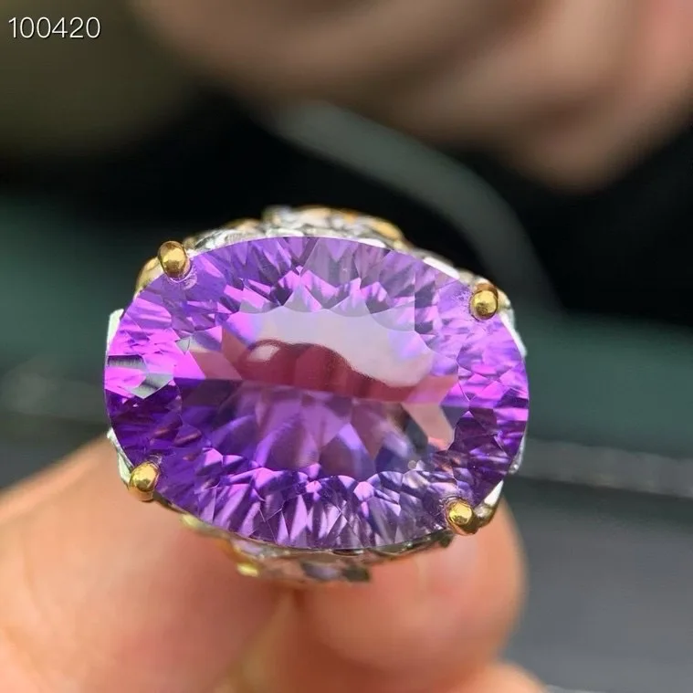 Natural Amethyst Ring, 925 Silver Two-Tone Braided Handmade Adjustable, Crystal Jewelry Gift for Women