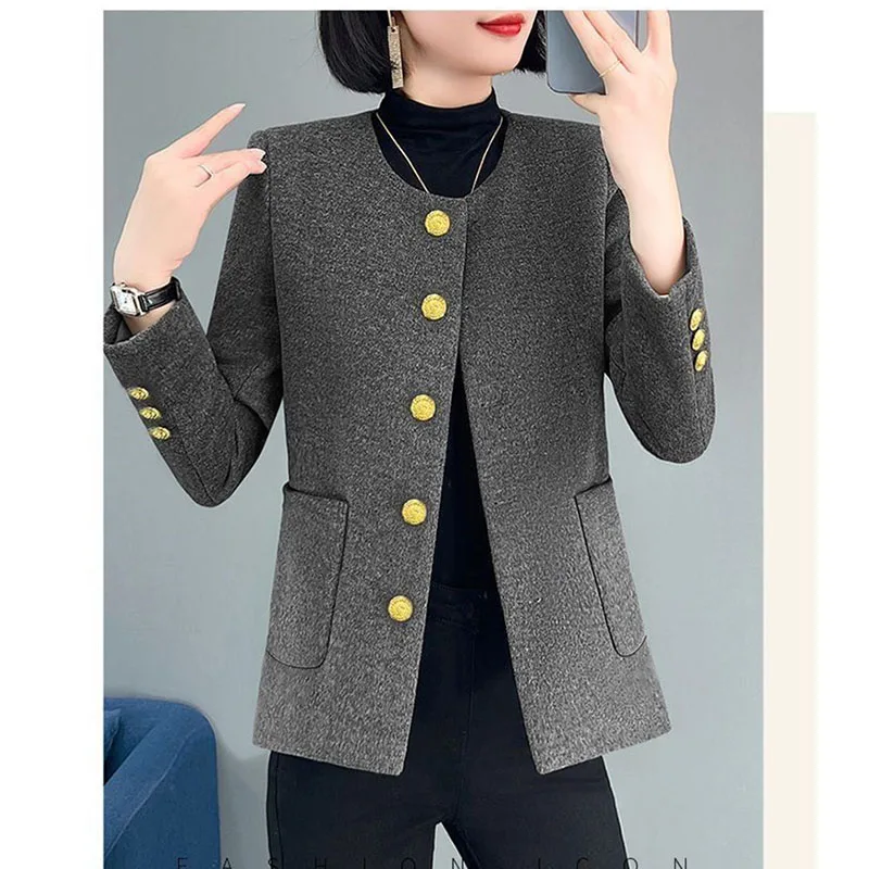 معطف صوفي صغير برائحة الإناث 2025 ربيع الخريف الكورية سترة جديدة المرأة النمط الغربي موضة أبلى الجولة الرقبة ملابس خارجية #4