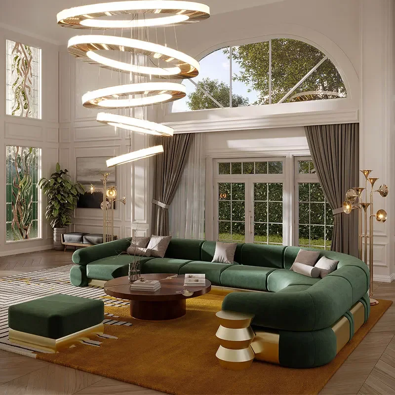 Italian simple three-person fabric sofa, villa large flat-floor living room light luxury multi-person combination sofa