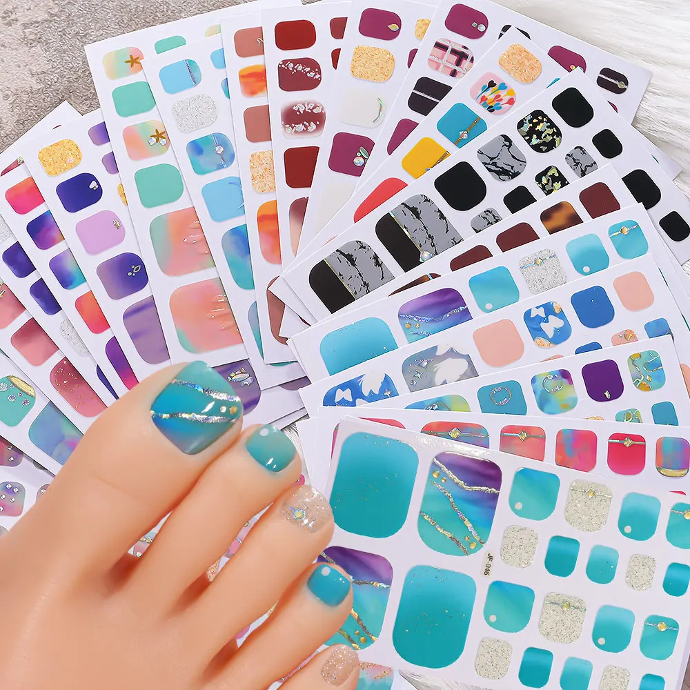 1sheet 22tip Blooming Color Summer Toe Nail Stickers French Glitter Full Wraps Polish Strips Adhesive Baking Free Toenail Decals