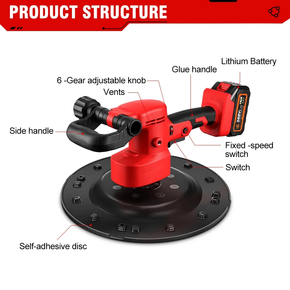 브러시리스 건식 벽체 샌딩기 벽 샌딩기, 6 기어 조정 벽 샌딩기, 1800RPM 벽 광택기 도구, Makita 18V 전동 공구, 380mm