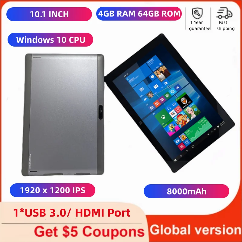 10.1 Inch 64bit Windows 10 2IN1 Tablet 4GB RAM 64GB ROM Intel Cherry Trail Z8350 CPU 1920x1200IPS HDMI-Compatible Quad-Core WIFI