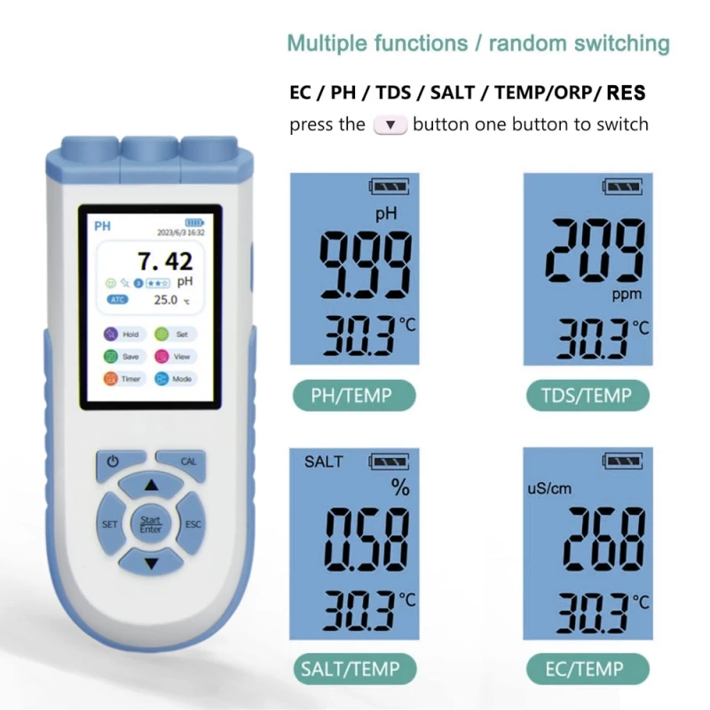 IKEME PH Meter 8 w 1 miernik tlenu rozpuszczonego wody cyfrowy pH/ORP/ EC/TDS/sól/Res/TEMP/DO precyzyjnego przenośnego próbnik DO wody