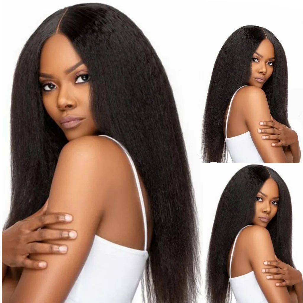 

GOWIK Kinky Straight V Part Wig Glueless Wig 100% Human Hair Minimal Leave Out Upgrade U Part Wigs Wear To Go 250% Density