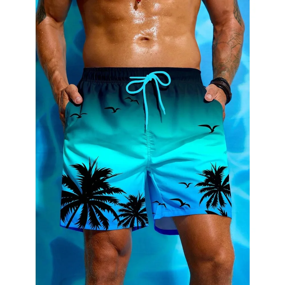 Summer Vacation Men\'s Palm Tree Print Drawstring Waist Board Shorts Fashion Swim Trunks 3D Print Breathable Short Streetwear