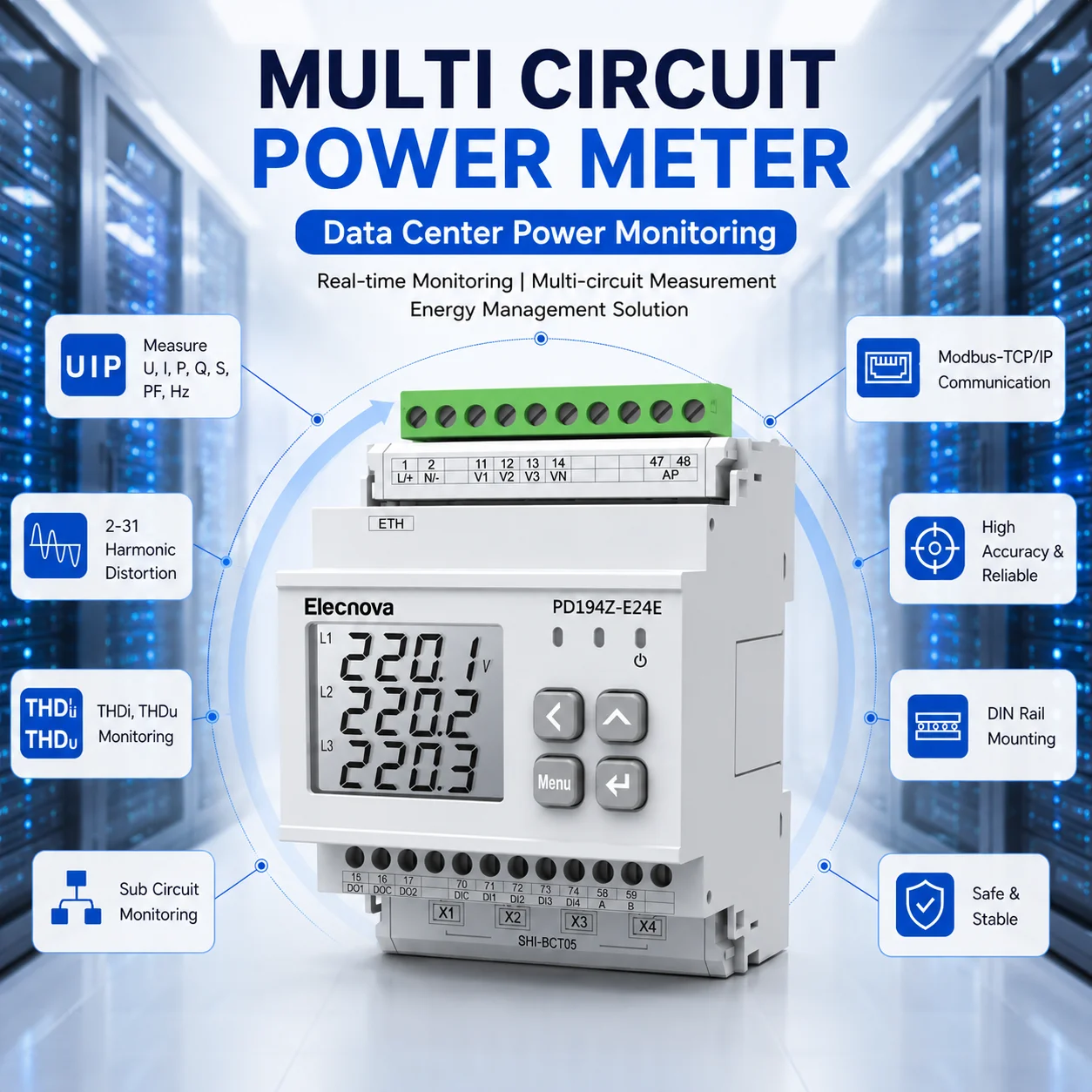 PD194Z-E24E multi-loop power meter, used for data center power monitoring, features Modbus TCP/IP energy billing solution