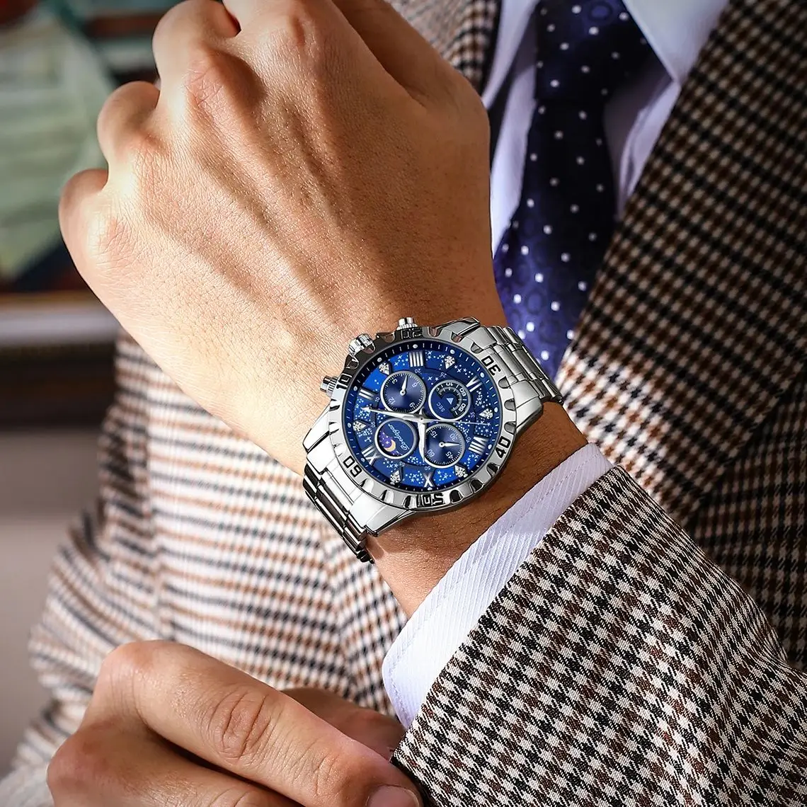 POEDAGAR الساعات العسكرية الفاخرة للرجال الفولاذ المقاوم للصدأ كوارتز مقاوم للماء ساعة رجالية مضيئة كرونوغراف ساعة يد رياضية للرجال