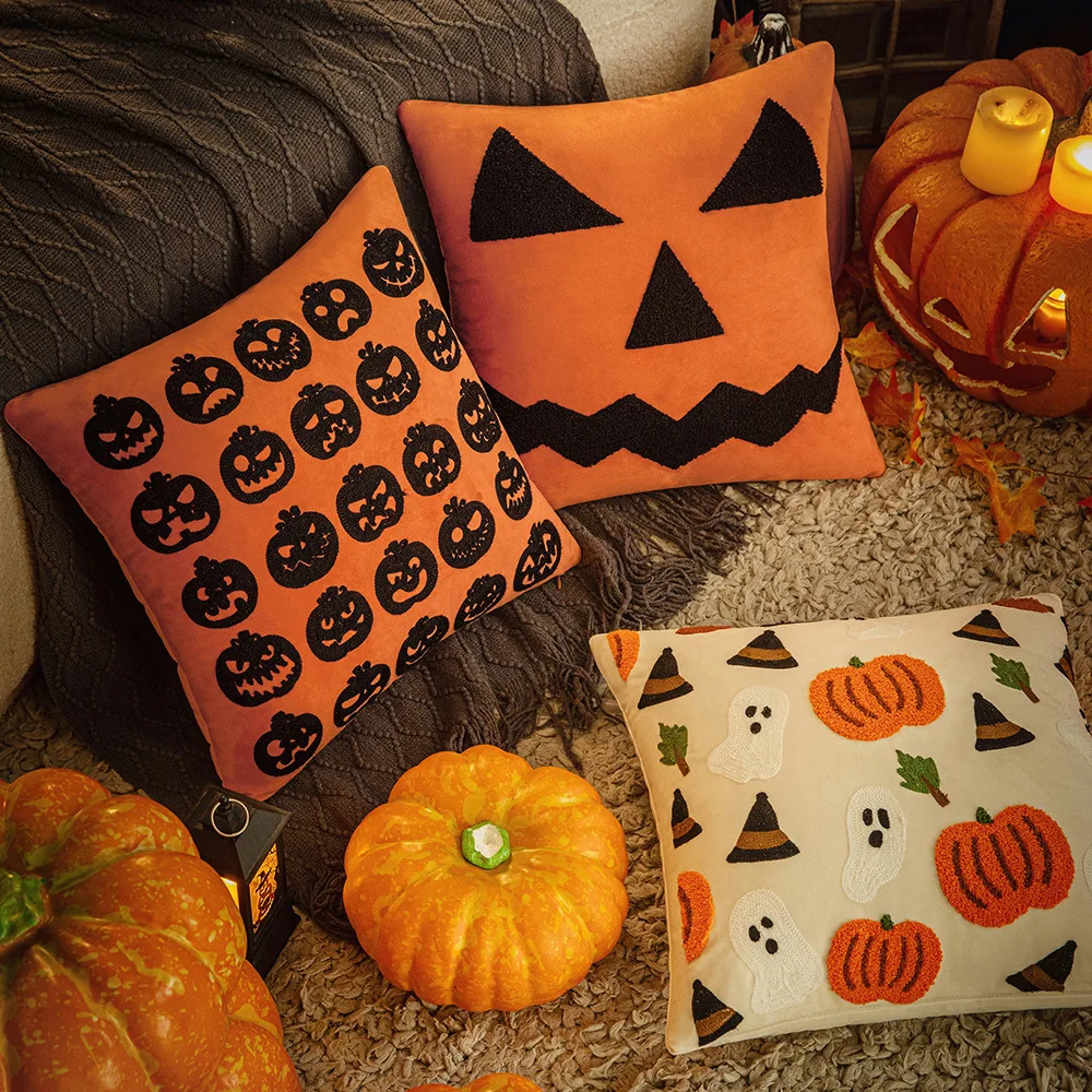 45x45cm New Halloween Embroidered Pillow Cover Home Festival Atmosphere Decoration Pumpkin Cushion Cover Pillowcase Home Decor