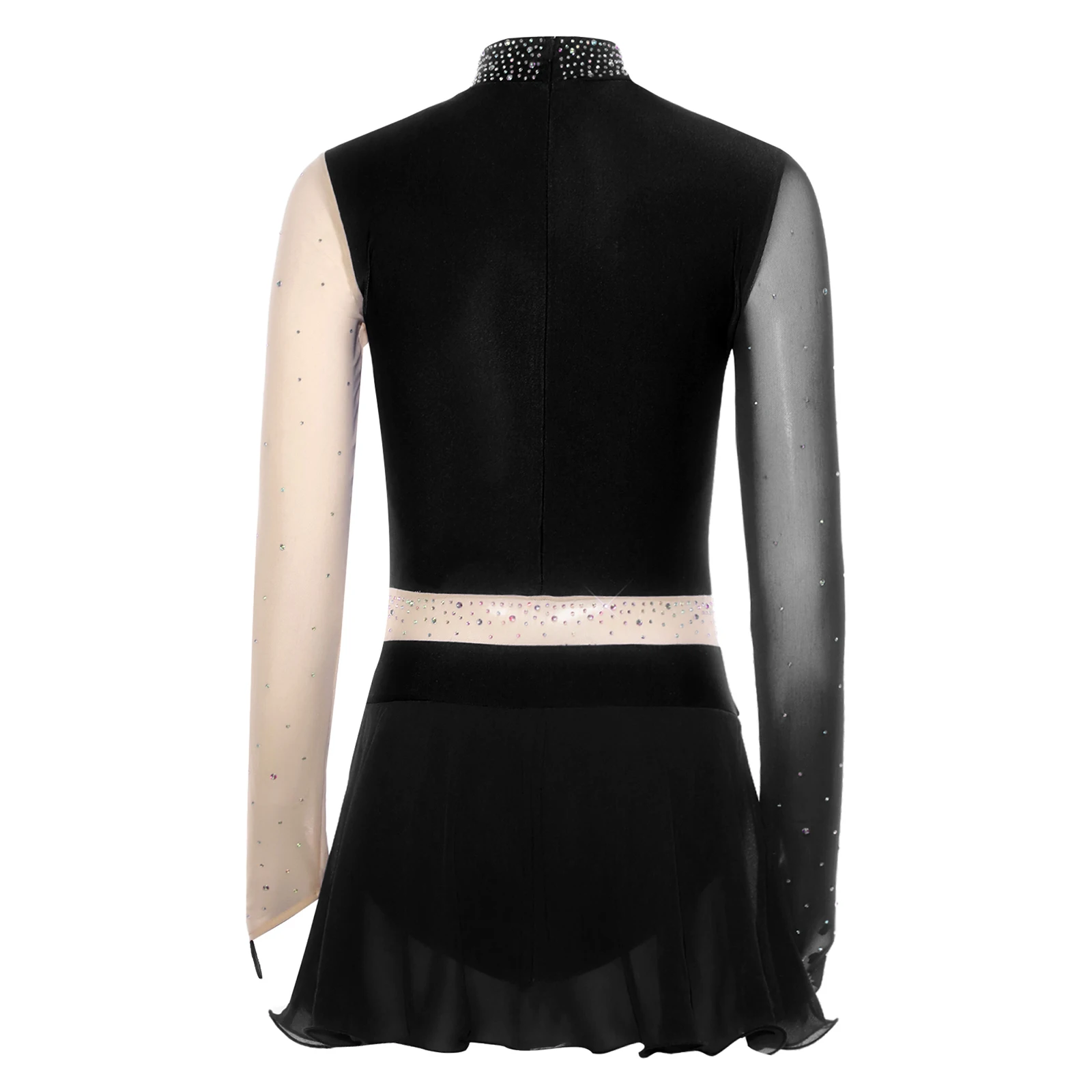 Womens Ballet Gymnastics Leotard Dress Figure Ice Skating Dancewear Long Sleeve Rhinestone Dress for Lyrical Dance Performance