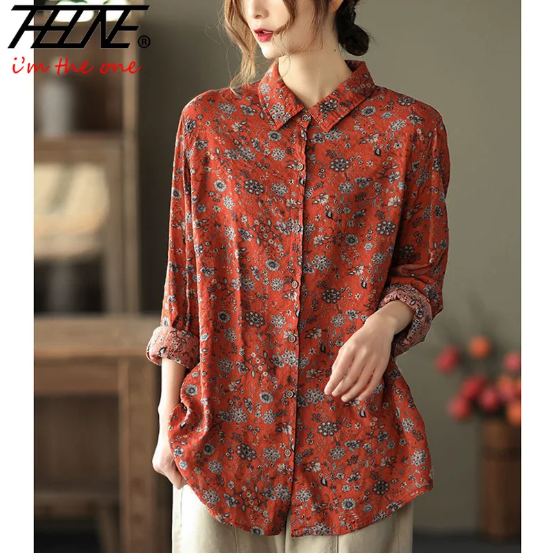 

THHONE блузка с длинным рукавом, женская рубашка, топы, Camisa, одежда на пуговицах, хлопок, лен, повседневные блузки с цветочным принтом, ретро, тонкие, большие размеры