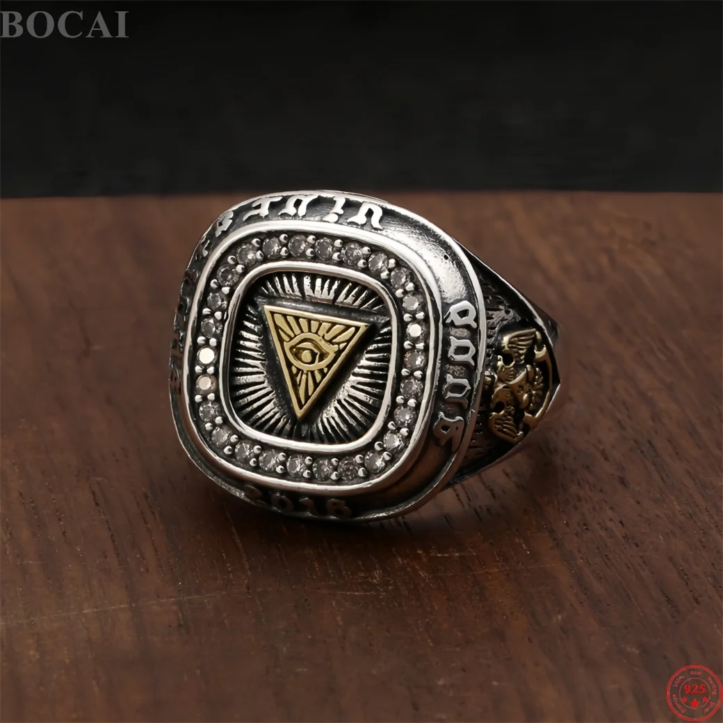 BOCAI New Real s925 Sterling Silver Charms Ring for Men Antique Golden Gods Eye Punk Fashion Fine Choice Jewelry Wholesale