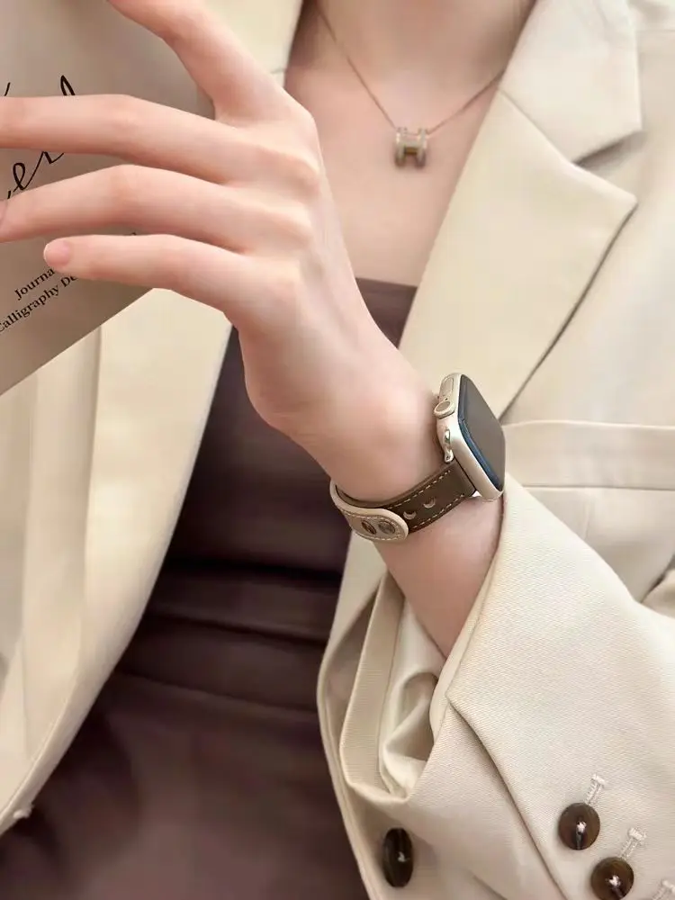 Correa de cuero fina para Apple Watch, banda de 40/44mm, 7 8SE, 6, 5, 4, 38/42, lazo de mujer para Iwatch 41/45mm, 49, Ultra 3, 2, 1, hebilla de doble clavo