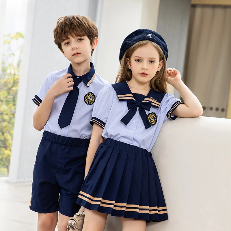 

Boys Summer School Uniform British Style Shirts Shorts Girl Pleated Skirts Kids Kindergarten Dress Child Students Clothes Sets