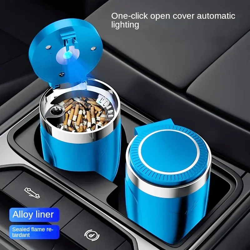 One Click Opening of Car Ashtray with Metal Lining and LED Light Push Type Splash Proof Light, Car Ashtray, Automotive Supplies