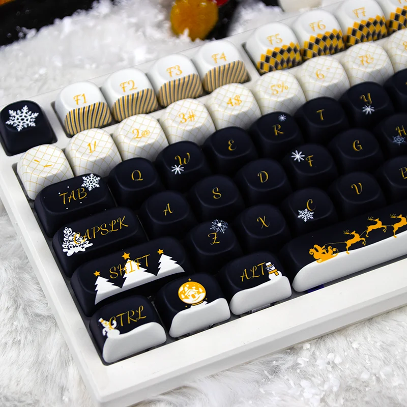 Snowy Night Golden Christmas Theme Keycaps Set Custom PBT Sublimation MOA Profile Keyboard Cap Mechanical Keyboard Accessories