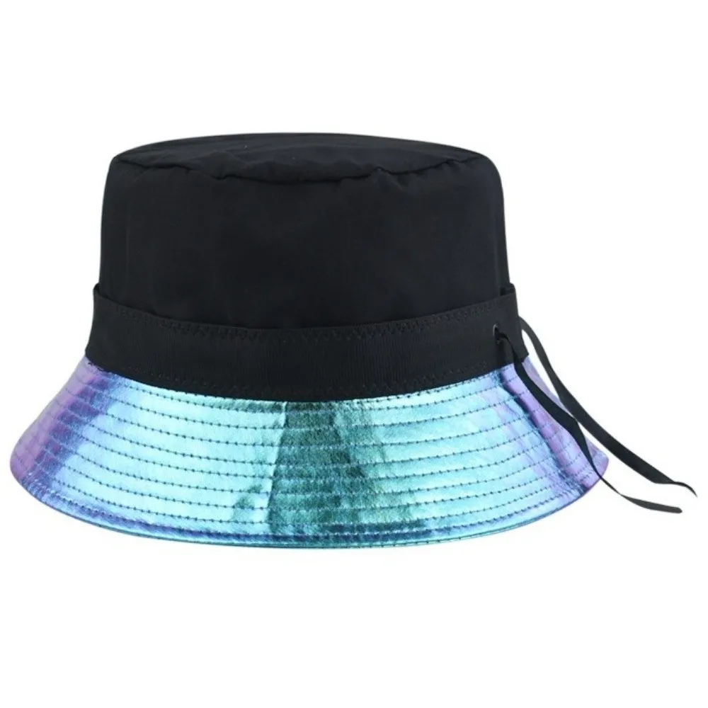 Fashion Leather Luminous Bucket Hat Single Sided Wide Brim Laser Rainbow Fisherman Hat Silver Gold Shiny Sun Cap Summer