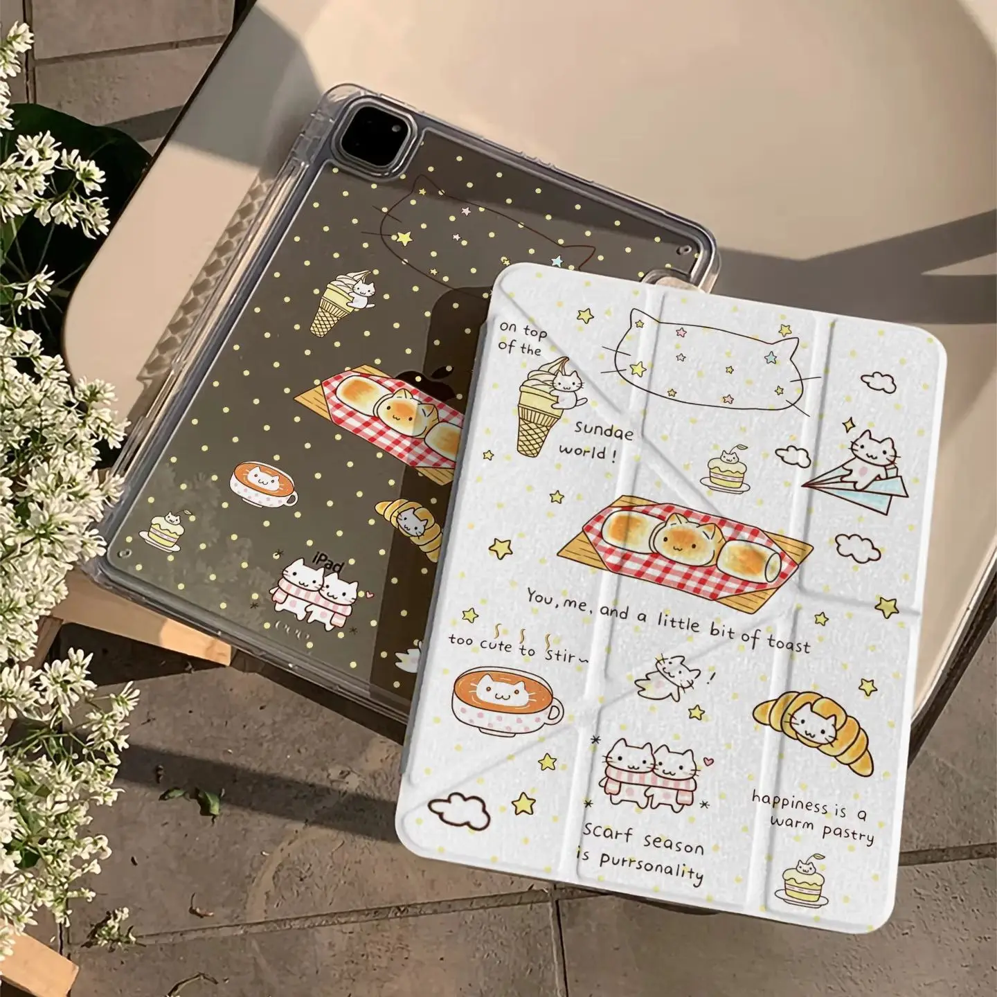 Cute Cat Bread Yellow Polka Dot Star Tablet Case For iPad Pro 11 12.9 13 A16 M2 M4 M3 M5 5/6/7/8/9/10/11th Mini Air 3 4 5 Cover