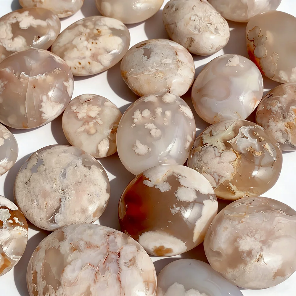 1PC Natural Cherry Blossom Agate Tumbled Palm Stone Polished Crystal Mineral Specimen  Home Decoration Energy Stone Gift