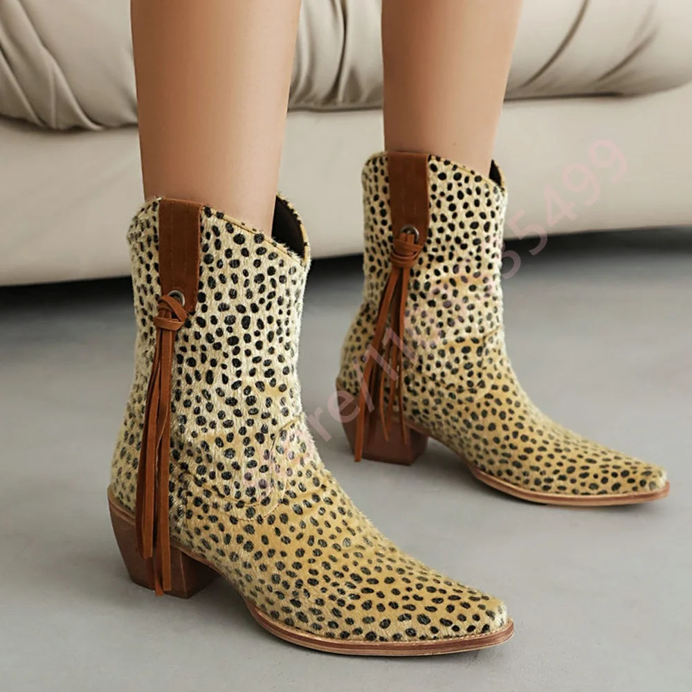 2025 خريف جديد البقرة طباعة شرابة أحذية رعاة البقر الغربية وأشار صندل بكعب مكتنز ليوبارد طباعة التمهيد موضة المرأة أحذية كاجوال للحفلات #3