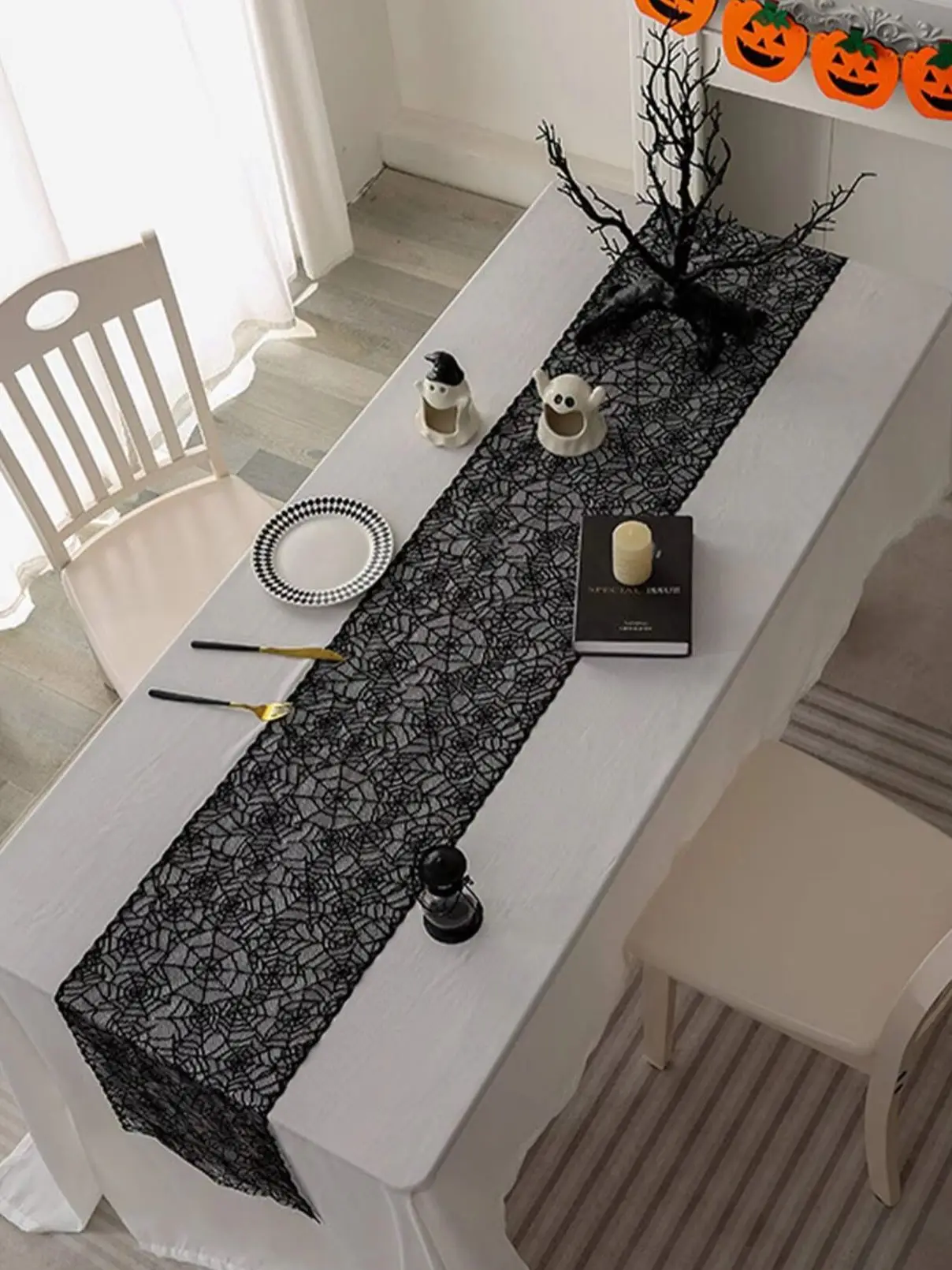 Halloween Placemat Black Lace Table Runner Cobweb Tablecloth Gothic Tabletop Decor Home Party Decorations Kitchen Dining Decor