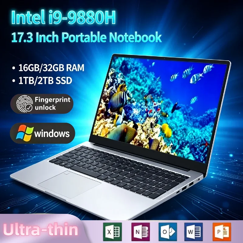 Intel i9 9880H 17.3 Inch Full Size Gaming Laptop 32GB RAM 2TB SSD Fingerprint Unlock Work Notebook High Performance Max
