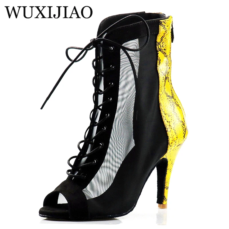 Women's Latin Dance Shoes, Sexy Belly Dance Boots, Professional Ballroom Yellow Snake Print PU and Black Velvet Black Mesh