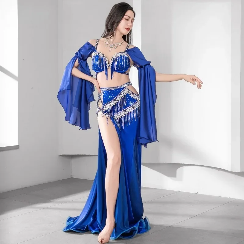 Traje de danza del vientre amarillo personalizado, ropa de actuación, sujetador de danza del vientre, falda con borlas, traje de danza Oriental, vestido de competición de equipo