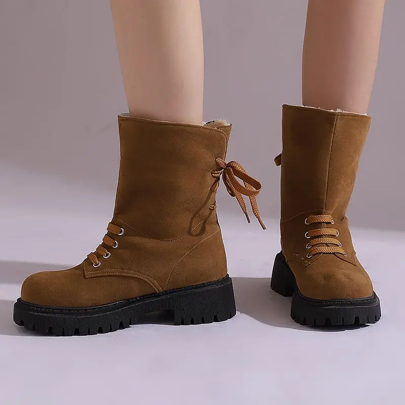 

ORCHA LISA Women's Ankle Snow Boots Round Toe 4cm Thick Flat Heel Lace Up Warm Fur Plush Yellow Big Size 43 Casual Daily Winter