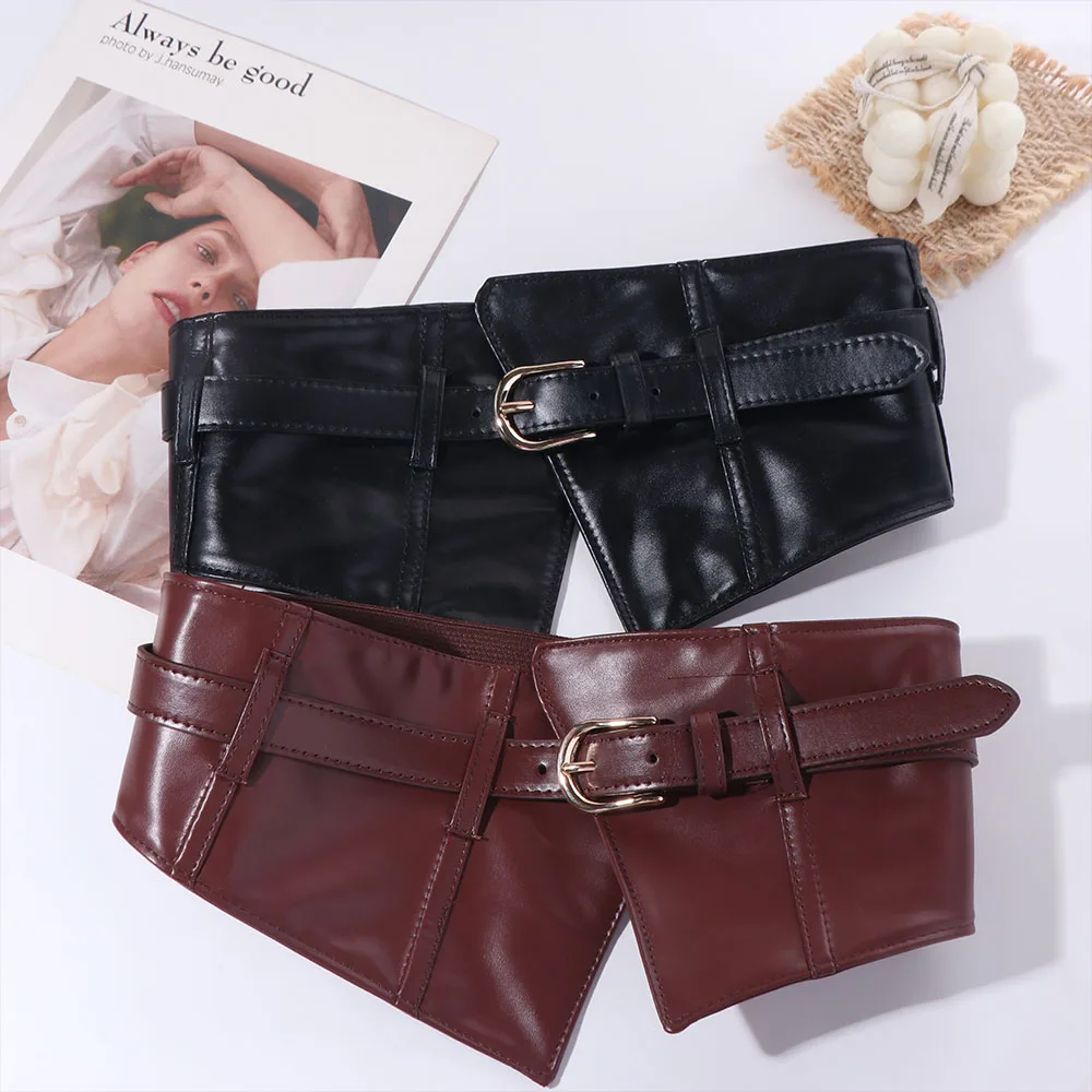 Gothic Adjustable Elastic Cummerbunds PU Leather Solid Color Wide Belt Waistband Slimming Waist Corset Dress