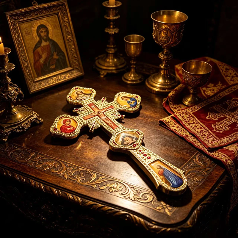 New Gold Orthodox Blessing Cross Icon Jesus Mary Saints Golgotha Holy Pearl Hand Church Liturgical Byzantine Christian Gifts