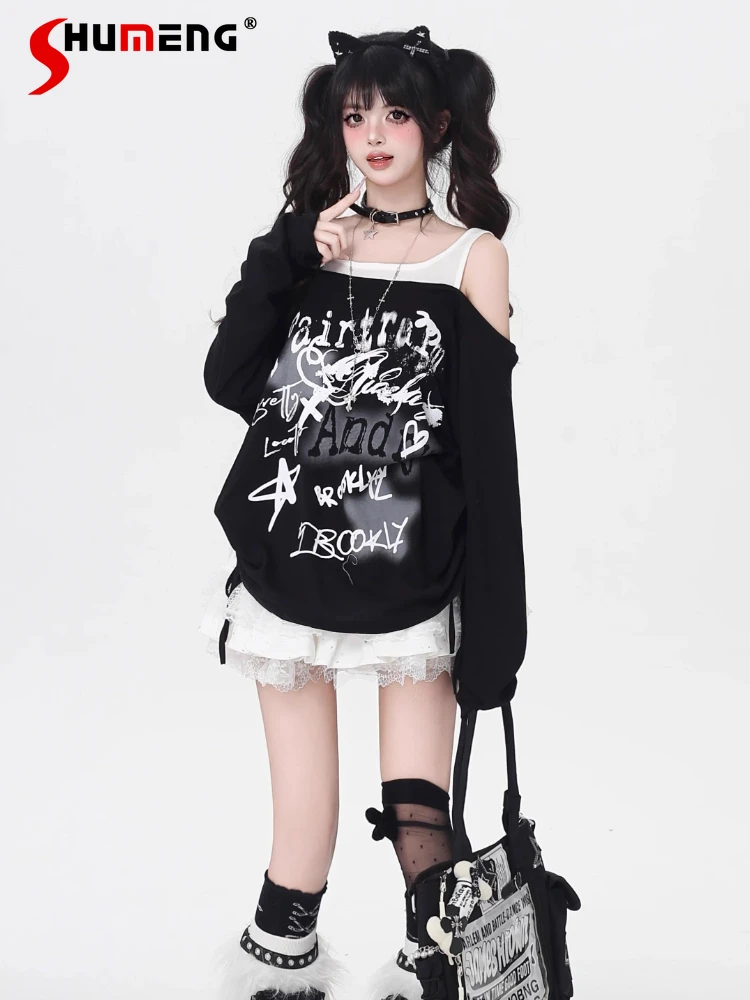 

Sweet Cool Hot Girl Subculture Square Neck Off-Shoulder Long Sleeve Printed Drawstring Loose Casual Versatile T-Shirt Tops Women