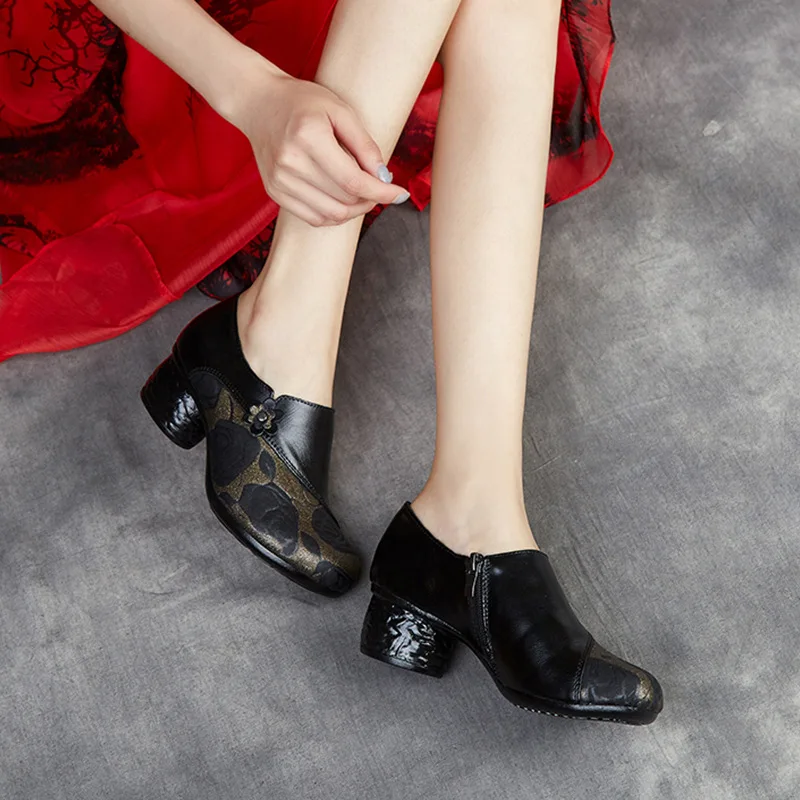 Spring Autumn National Style Women Pumps Flower Printing Round Toe Genuine Leather Women Chunky Heel Shoes