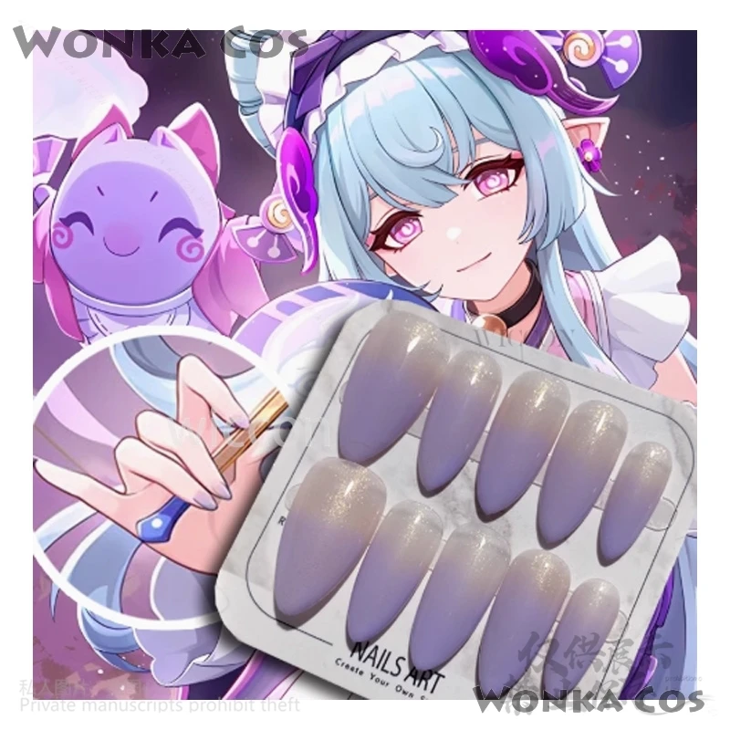 10 pezzi Press On Nails Gioco Genshin Impact Yumemizuki Mizuki Cosplay Unghie finte disegnate a mano per ragazze Donna Regali personalizzati