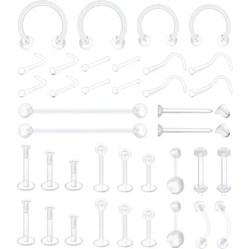38pcs Clear Piercing Retainers  Nose Rings Belly Rings  Eyebrow Lip  Earring Retainer Industrial Bar Plastic Piercing Jewelry