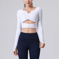 Long Sleeve Yoga Shirt Women Solid Color Gym Crop Top With Chest Pads Breathable Quick Dry Running T-Shirt Female Sportswear