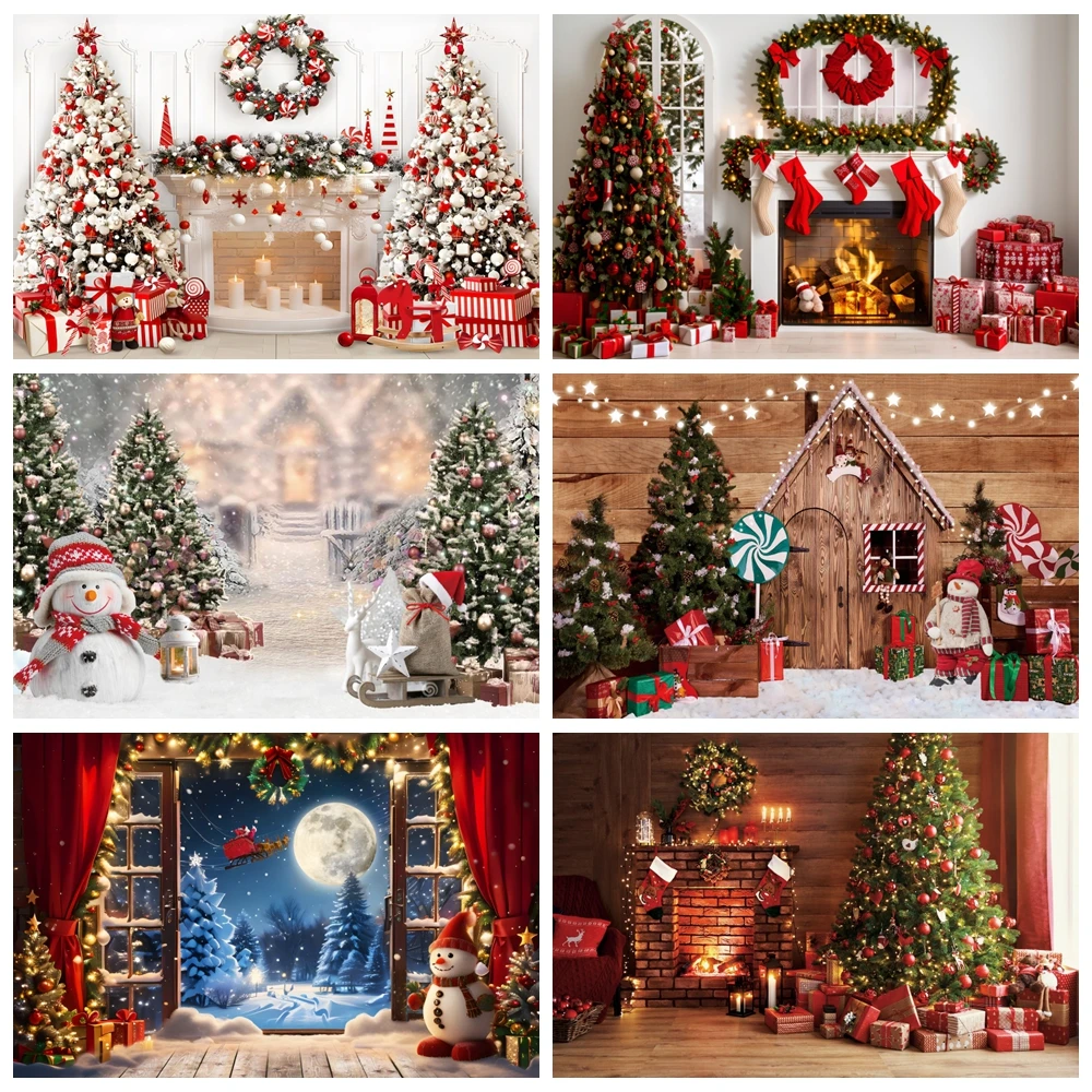 Laeacco Old Brick Fireplace Christmas Tree Gift Teddy Bear Baby Photo Backdrop Photography Background Photocall Photo Studio