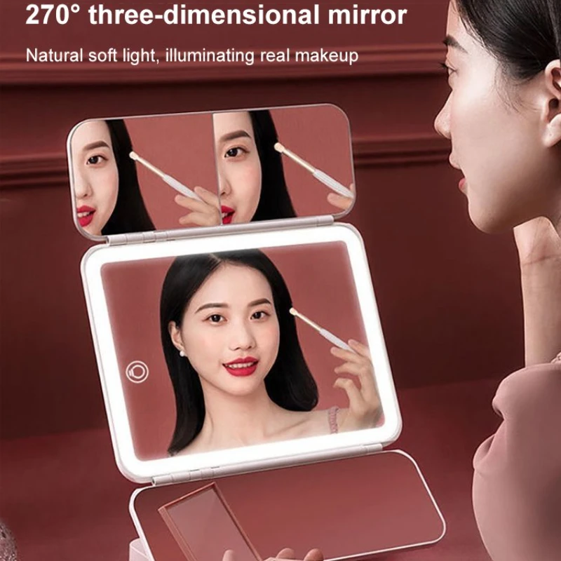 Foldable Makeup Mirror with LED Light 3 Tone Lights Desktop Vanity Mirror 2X/3X Magnifying 360° Adjustable Rechargeable