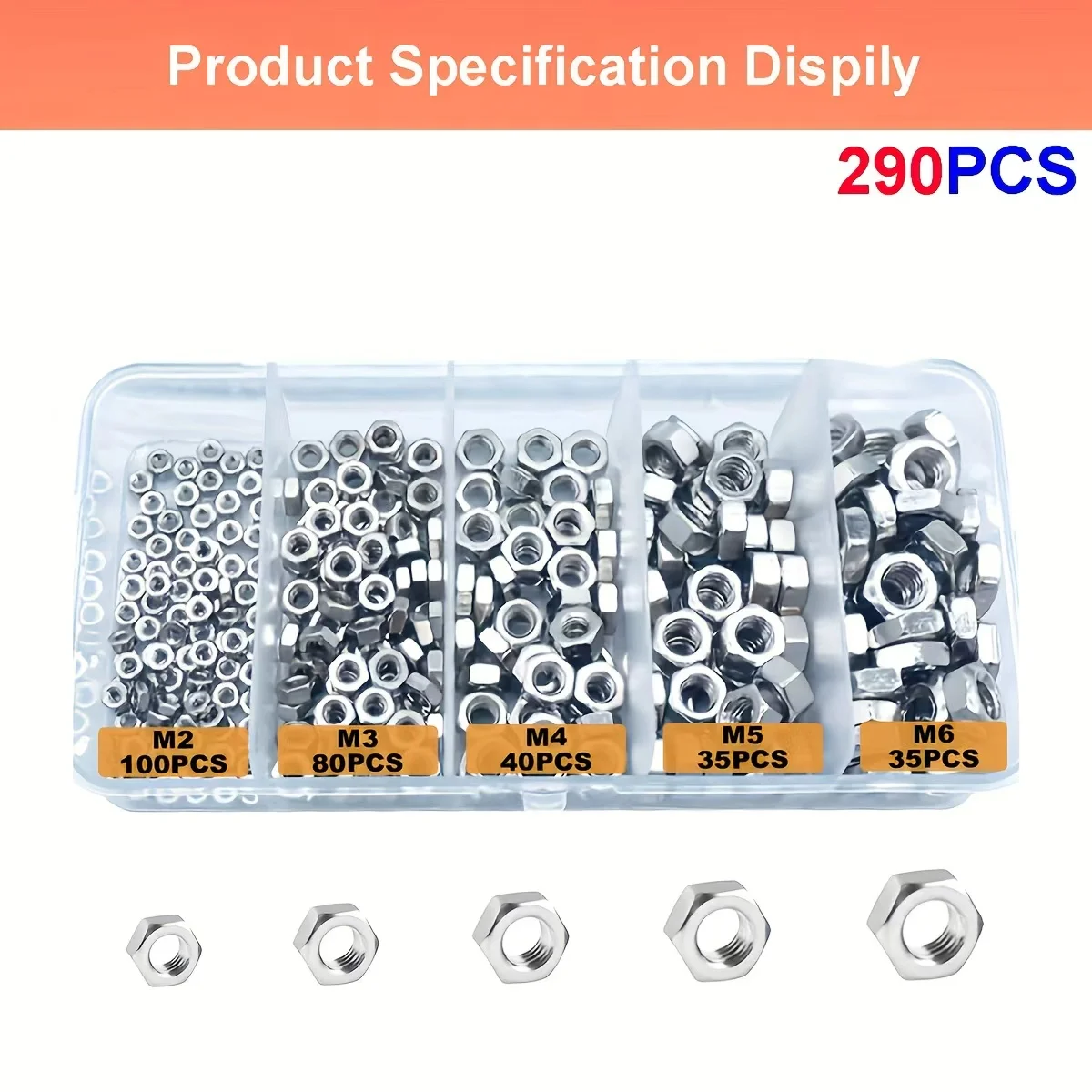 290pcs M2 M3 M4 M5 M6 nickel plated hexagonal bolts and nuts, suitable for fields such as cars, trucks, bicycles, engineering