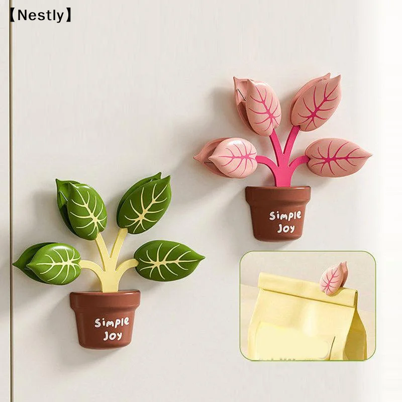 Refrigerator Sticker Sealing Clips Snack Packaging Bag Seal Clamp Potted Plants Shape Magnetic Fridge Sticker Seal Clip〔Nest〕
