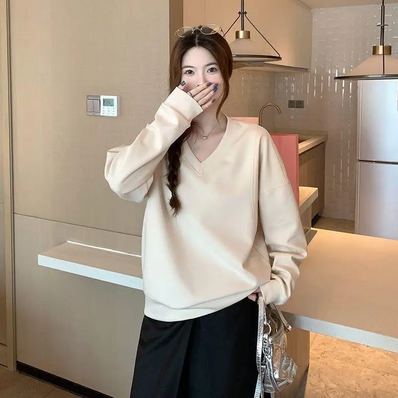 

Серый свитшот женский новый с v-образным вырезом в американском стиле ретро весна осень универсальный свободный повседневный пуловер с длинными рукавами для ленивых топов милый каваи