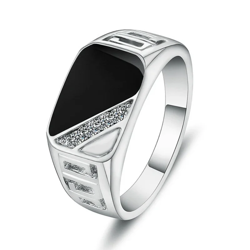 Huitan Black Enamel Wedding Rings for Women Micro Paved One Line CZ Hollow Band Special-interested Lady Engagement Party Jewelry