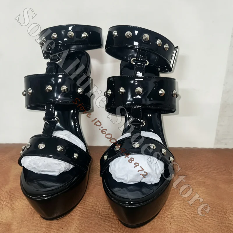 Ladies Black Studded Patent Wedge Sandals Open Toe Multi Straps Adjustable Ankle Buckle Sculptural Platform Sandals - view 4